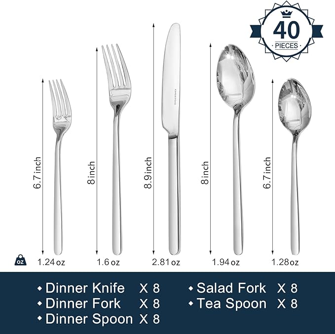 KINGSTONE 24-Piece Bone China Dinnerware Set with 40-Piece flatware, Ivory White Lightweight Porcelain Service for 8, for Family Dining, Restaurants, Gifting, Microwave and Dishwasher Safe