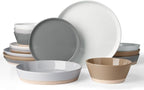 Famiware Saturn 16 Pieces Plates and Double Bowls Sets for 4, Stoneware Dinnerware Set with Pasta Bowl, Dish Set with Trim - Chip & Scratch Resistant, Microwave & Dishwasher Safe, Multi-color