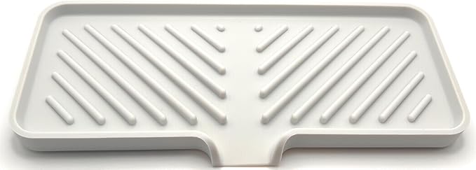 Happitasa Silicone Soap Dish Tray and Sponge Holder with Drain Chute and Feet | 3-Way Sloped Design | Bathroom and Kitchen Sink Organizer Caddy (Light Grey, 10"x4", 7.8 Ounces)