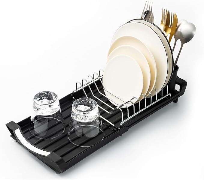 Extendable Dish Drying Rack, Stainless Steel, Over Sink or Counter, with Utensil Holder