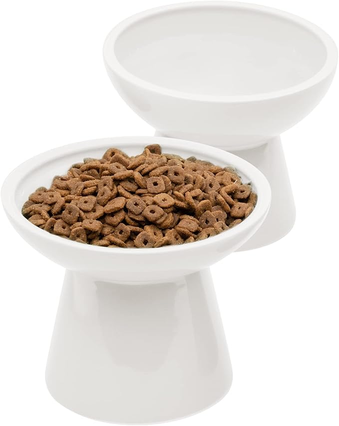 CEEFU 2 Elevated Ceramic Cat Bowls Extra Wide for Food & Water – Whisker Fatigue Shallow Food Dish, Lead & Cadmium-Free, Raised Height for Cats and Dogs, Two Different Depth Bowls, White