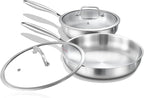 DELARLO Tri-Ply Stainless Steel Pan, 18/10 Frying Pan, Oven Safe Up to 600°F, Nontoxic Cookware, Compatible with All Cooktops Skillet, Durable, Fast Even Heat Fry Pan,Steel 10" and 12" with Lid