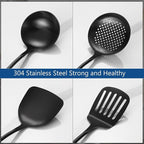 304 Stainless Steel Kitchen Utensils Set, 4 Pcs Long Cooking Utensils Set with Wooden Handle, Large Heat Resistant Kitchen Tools(Black, Dishwasher Safe)
