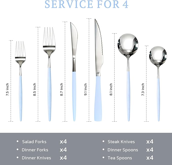 Astercook Silverware Set with Steak Knives 24-Piece Flatware Set for 4 Food-Grade Stainless Steel Blue Cutlery Set Mirror Polished Utensils Set Include Spoons and Forks for Home Kitchen Restaurant