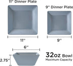 TP 12-Piece Melamine Dinnerware Sets, Plates and Bowls Dishes Set for 4, Break-Resistant & Non-Microwavable, Lightweight Square Dinner Plates, Grey
