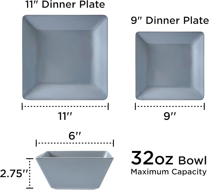 TP 12-Piece Melamine Dinnerware Sets, Plates and Bowls Dishes Set for 4, Break-Resistant & Non-Microwavable, Lightweight Square Dinner Plates, Grey