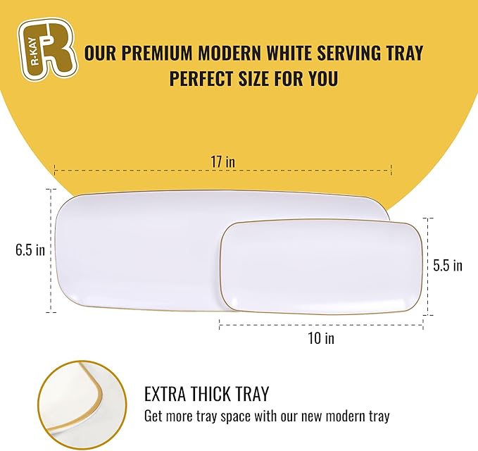 R-kay 4 Pack Gold Rim Plastic Serving Trays - 10 by 5.5 in Heavy Duty Rectangular Platters for Food and Desserts - Premium White Party Trays