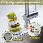 Good Grips Soap Dispensing Palm Brush, Dish Scrub Brush, Kitchen Brushes for Dishes, Kitchen Brush with Holder for Pot Pan Sink Cleaning (Green)