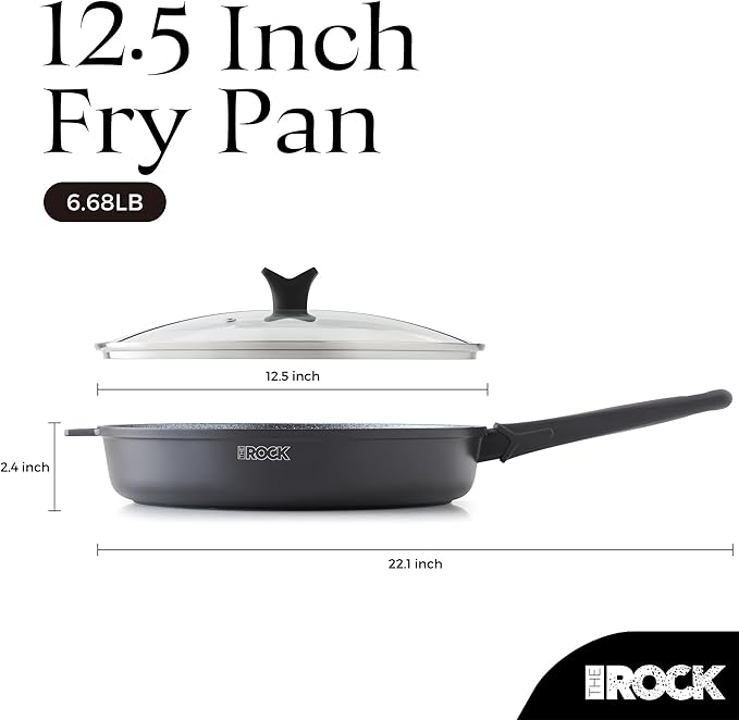 THE ROCK SOHO 12.5-Inch Non Stick Frying Pan with Lid – Nothing Sticks, Never Warps, Lasts Longer, Healthy Skillet with Heat-Resistant Handle, PFOA Free, Dishwasher Safe, Black