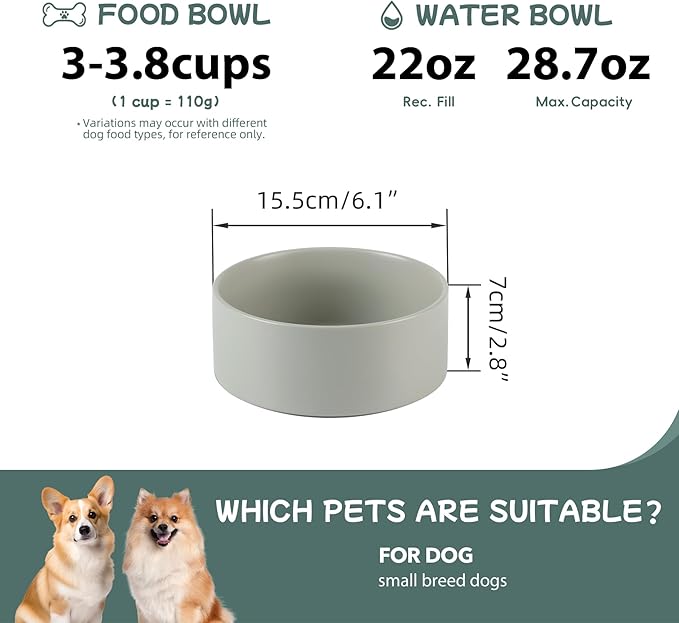 Havniva Ceramic 6.1inch Non-Slip Dog Food and Water Bowl for Small & Medium Breed Dogs,Pet Bowl for Replacement, Protects Cervical Spine (Grey)