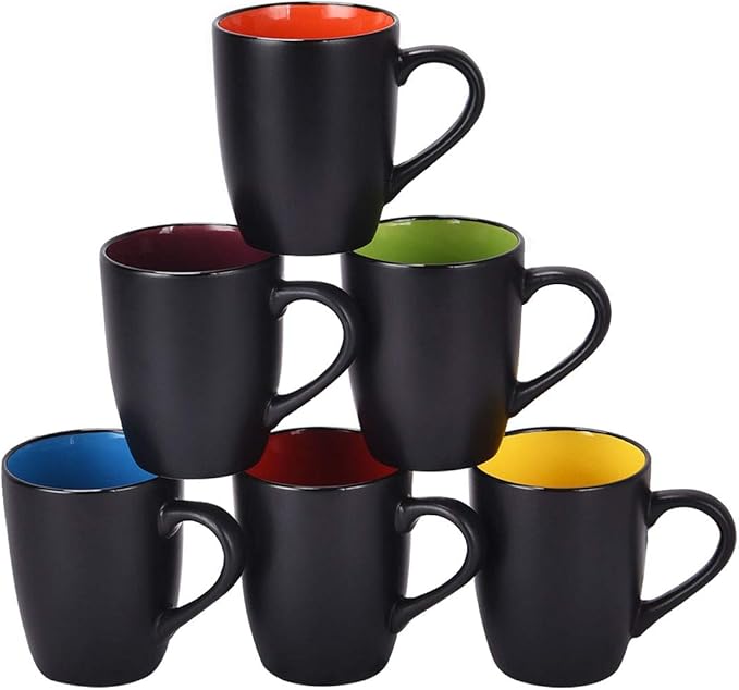 Lifecapido Set of 6 Modern Black Ceramic Coffee Mugs, 16 Ounce Capacity, Perfect for Home Use
