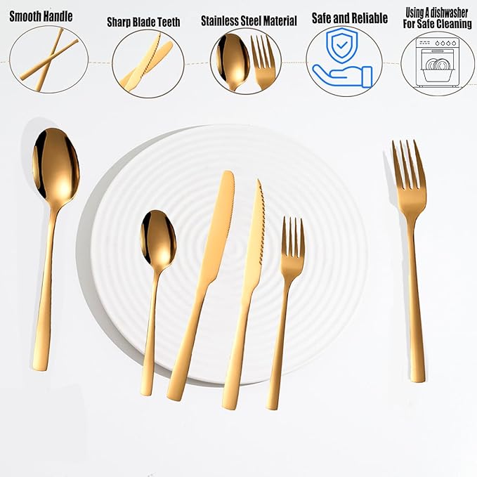 48-PieceGrade Gold Silverware Set, Stainless Steel Flatware Set for 8 - Service for 8 Includes Knives, Forks, Spoons & Teaspoons, Mirror Polished, Dishwasher Safe