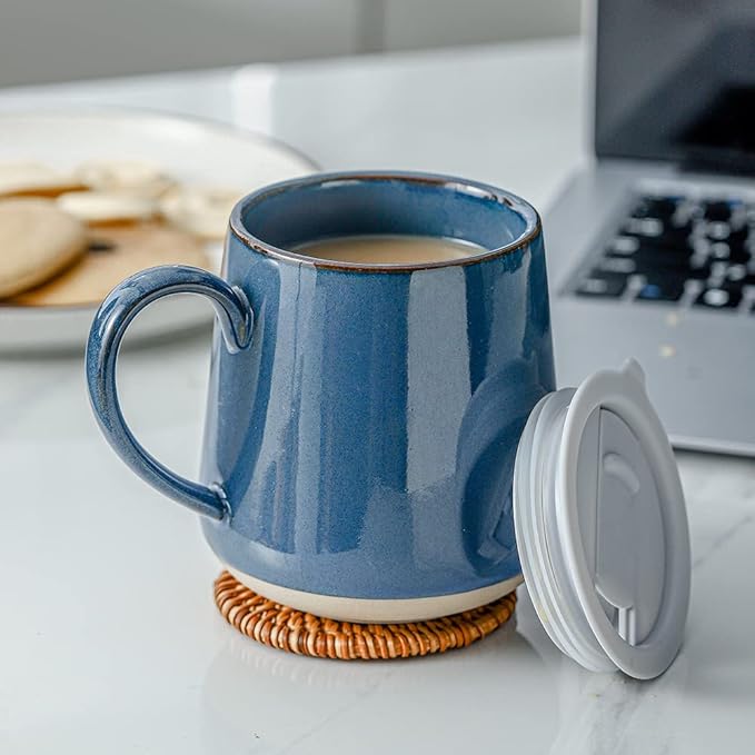 HVH Farmhouse Style Ceramic Mug Set of 4, 17oz with Lid, Large Handle, for Coffee, Tea & More (Blue)