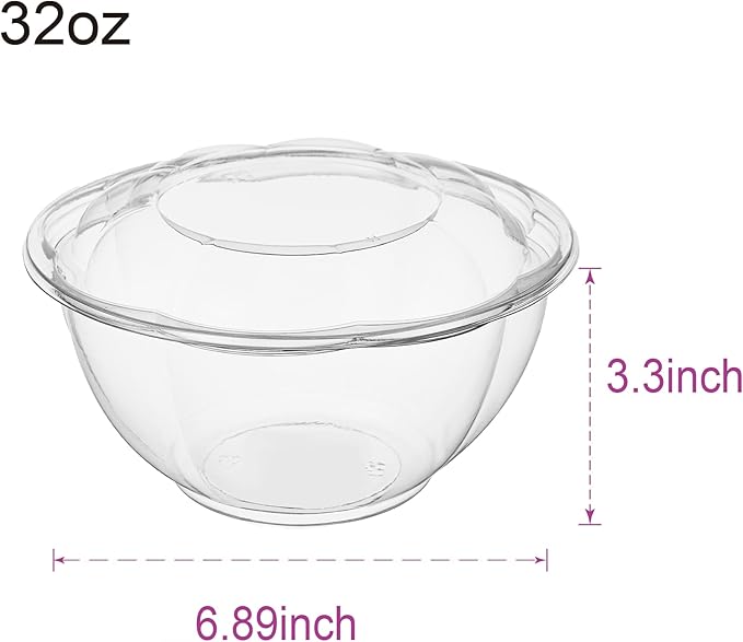 Jaluxing [32 oz. 50 Sets Clear Plastic Salad Bowls with Airtight Lids Disposable To Go Mixing Containers Serving for Fruit, Quinoa, Lunch and Meal Prep