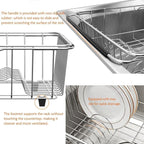 NiuYichee Stainless Steel Dish Drying Rack(15.2"L X 11"W X 5.3"H), Expandable Fruit & Vegetable Drain Rack over Sink, Dish Drainer Rack in Sink, with Stainless Steel Utensil Holder & Silicone Mat(16")