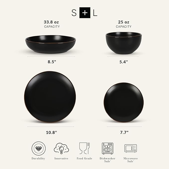 Stone Lain Brasa Stoneware 16 Piece Modern Dinnerware Set, Plates and Bowls, Service for 4, Black, Microwave & Dishwasher Safe