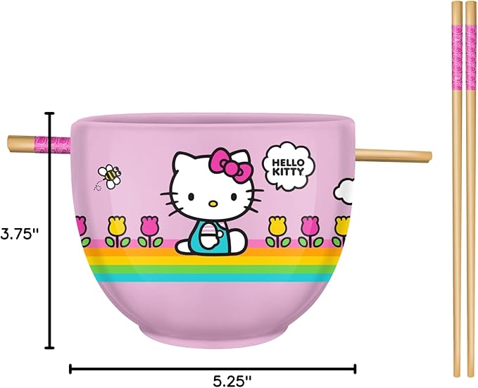 Silver Buffalo Hello Kitty Spring and Summer Flowers Rainbow Stripes Ceramic Ramen Noodle Rice Bowl with Chopsticks, Microwave Safe, 20 Ounces