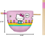 Silver Buffalo Hello Kitty Spring and Summer Flowers Rainbow Stripes Ceramic Ramen Noodle Rice Bowl with Chopsticks, Microwave Safe, 20 Ounces