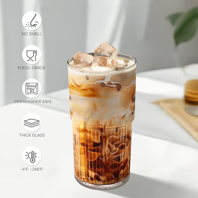 Luiaiog 18.5oz Glass Cups with Lids and Straws - Set of 4 Reusable Tumblers, Thickened Shatter-Resistant Glass, Ideal for Iced Coffee, Smoothies, Cocktails, Juices - Elegant & Durable Drinkware