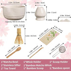 Matcha Set, 8-Piece Ceramic Matcha Bowl & Whisk Kit with Mushroom Pattern, Traditional Japanese Chawan, Bamboo Chasen, Scoop & Sifter, Gift for Tea Lovers, Zen Tea Ceremony Accessories (white)
