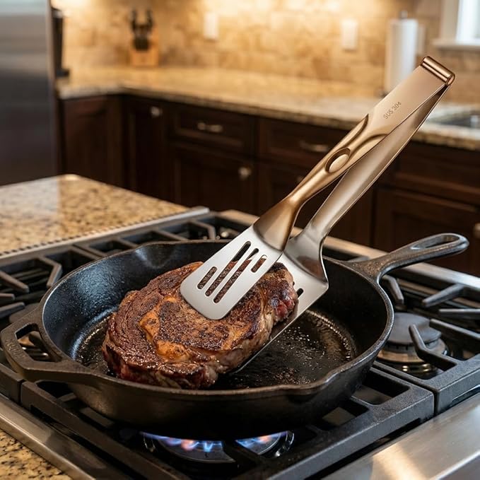 Durable 304 Stainless Steel Spatula Tongs, Rust-Proof 2-in-1 Cooking Tongs for High Heat, Solid One-Piece Design Food Turner, Professional Kitchen Essential
