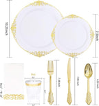 Nervure 175PCS White and Gold Plastic Plates - Disposable Dinnerware Set Include 50 Gold Plates for Dinner and Dessert, 75 Cutlery, 25Cups 25Napkins for Wedding & Party & Thanksgiving