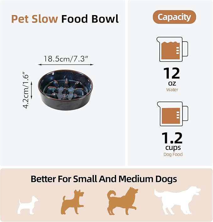 Havniva Ceramic 1.2 Cup Dog Bowl Slow Feeder, 7.3 inch Slow Pet Food Dish for Medium and Small Dog, Stop Bloat, Preventing Choking(Single Bowl, Starry Sky)