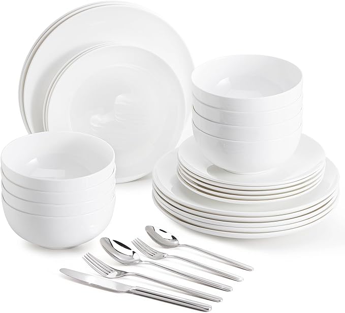 KINGSTONE 24-Piece Bone China Dinnerware Set with 40-Piece flatware, Ivory White Lightweight Porcelain Service for 8, for Family Dining, Restaurants, Gifting, Microwave and Dishwasher Safe