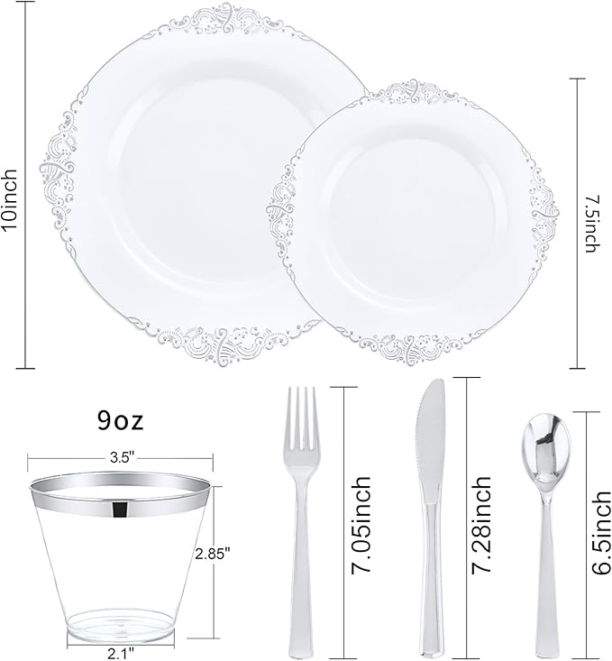 Hioasis 300pcs White and Silver Plastic Plates - Disposable Dinnerware Set Suitable for 50 Guests Include 10.25" Dinner & 7.5" Dessert Plates,Silverware Set, Cups for Weddingr(NO Napkins Included)