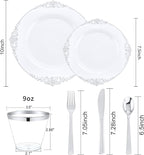 Hioasis 300pcs White and Silver Plastic Plates - Disposable Dinnerware Set Suitable for 50 Guests Include 10.25" Dinner & 7.5" Dessert Plates,Silverware Set, Cups for Weddingr(NO Napkins Included)