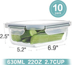 HOMBERKING 10 Pack 22oz Glass Meal Prep Containers, Food Storage Containers with Lids, Airtight Lunch Bento Boxes, BPA-Free & Leak Proof (10 lids & 10 Containers) - Grey