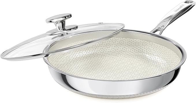 Non Stick Frying Pan with Lid, 12 Inch Ceramic Hybrid Tri-Ply Stainless Steel Frying Pans Nonstick W/Lid, Large Induction Skillet Frying Pans for Cooking, Metal Utensil&Dishwasher&Oven Safe, PFAS Free