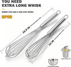 18/10 Stainless Steel Large Whisk Set of 2, 15.5 inch Heavy Duty Long Whisk and 12 inch Whisks, Suitable for Deep Pots or Big Bowl, Mixing, Beating, Blending