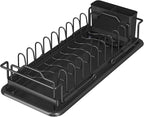 Small Sink Dish Drying Rack - Expandable Dish Rack Over Sink with Drainboard, Adjustable Dish Drainer with Utensil Holder, Compact Plate and Bowl Rack for Kitchen Counter,Black