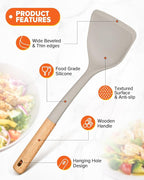 Silicone Cooking Utensils Set, Perfectly Angled for Frying, Mixing,Serving,Draining,Turning and Stirring, BPA-Free Matte Silicone, Wood Handles, Safe for Nonstick Cooking Surfaces,4 Pack (Khaki)