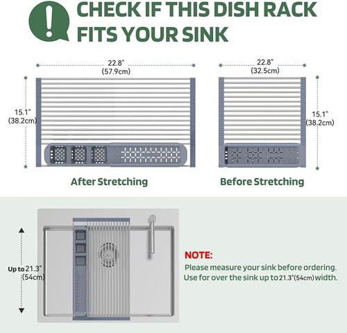 BBXTYLY Expandable Roll Up Dish Drying Rack,Over The Sink Drying Rack Sink Kitchen Accessories Rolling up Stainless Steel Drainer, Foldable with Removable Utensil Holder(Gray)