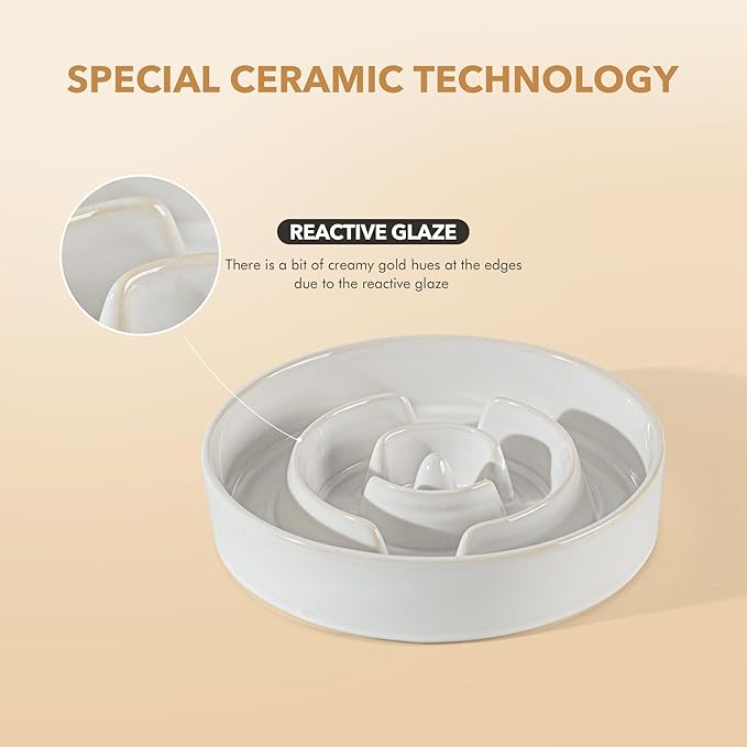 Havniva Ceramic 1.6 Cup Raised Slow Feeder Dog Bowl Set, Elevated 7.3inch Bowl and 8.2inch Dish with Acacia Wood Stand for Medium and Large Dog(Reactived Glaze -White