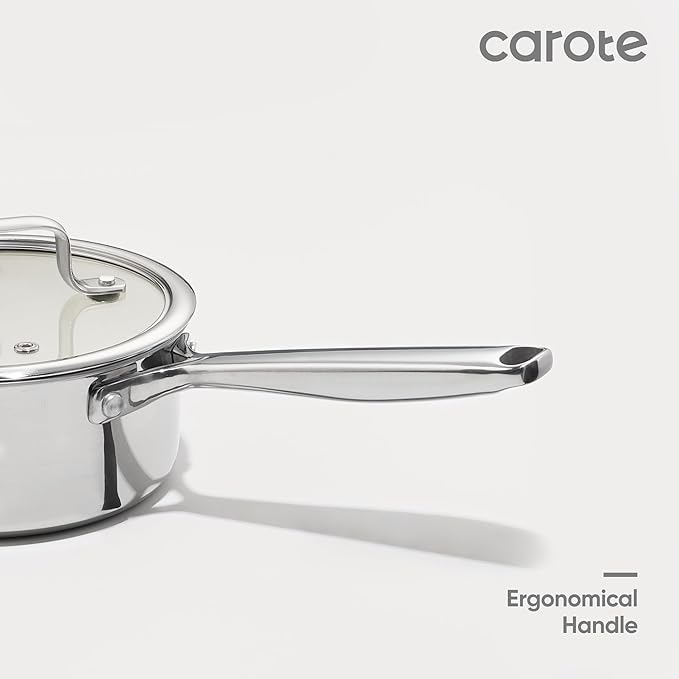 CAROTE 1.5Qt & 3Qt Stainless Steel Saucepan Set, Ceramic Pot Sets Non-Stick Non-Toxic Kitchen Cookware, Small Cooking Pots with Lids, Oven Safe, Induction Sauce Pan, Even Heating