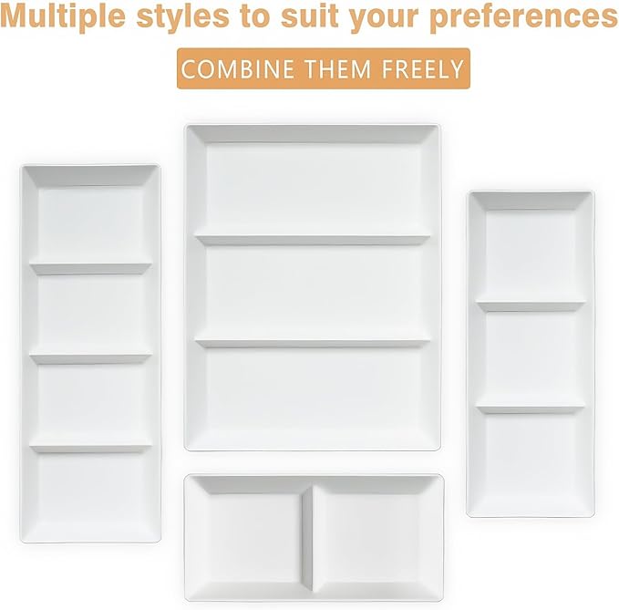 Divided Serving Tray Platter, 4 Pack 15" x 10" Fruit Veggie Food Tray for Party, Plastic Serving Trays for Appetizer, Snack, Dessert, Cookie, Brunch Decorations Platters, White Trays BPA-Free