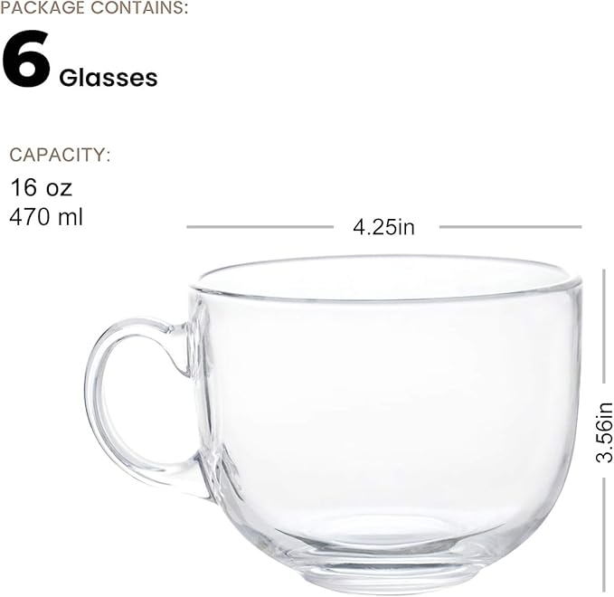 Maredash 16oz Glass Jumbo Mugs With Handle For Coffee, Tea, Soup,Clear Drinking Cup,Set of 6