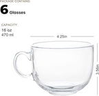 Maredash 16oz Glass Jumbo Mugs With Handle For Coffee, Tea, Soup,Clear Drinking Cup,Set of 6