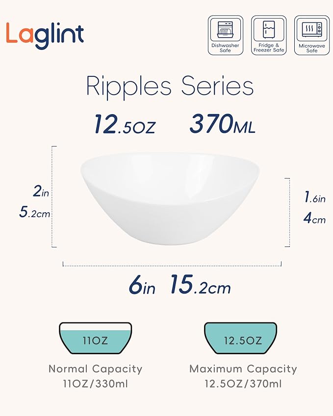 LaGlint 12 OZ Bowl Set of 6, Opal Glass 6 inch Oval Small Ice Cream Bowls for Breakfast Snack Dessert, Side Dishes, Fruit Kitchen, Microwave & Dishwasher Safe, White