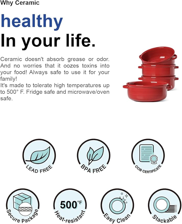 LE TAUCI Soup Bowls with Handles - 22 oz Lead-Free Ceramic French Onion Crocks, Oven and Microwave Safe, Heat-Resistant Design, Stackable, Dishwasher Safe, Set of 4, Red