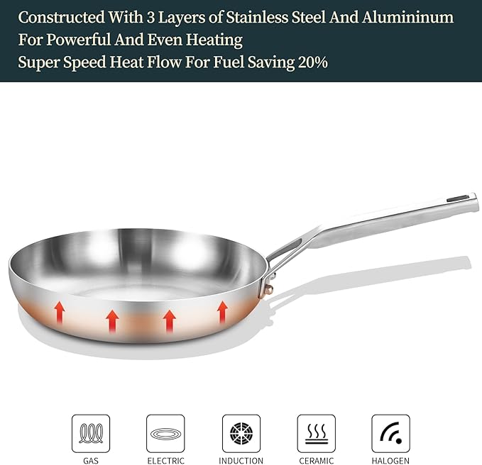 Tri-Ply Fully Bonded Stainless Steel 8inch Frying Pan, Omelette Pans, Egg Pan Durable Chef's Pan, Kitchen Skillets 8in, Induction Pan for Steak,Egg, Compatible with All Cooktops, Up to 600℉