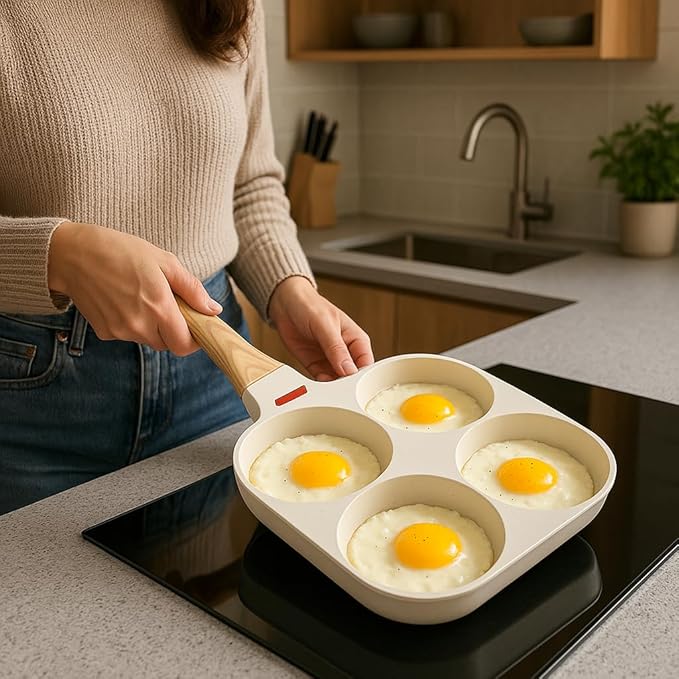 4-Hole Egg Frying Pan Nonstick Granite Coating | PFOA Free Divided Omelette Pancake Skillet | 4-Cup Breakfast Egg Cooker for Induction Gas Electric Stove | Easy Clean Non Stick Cooking Pan