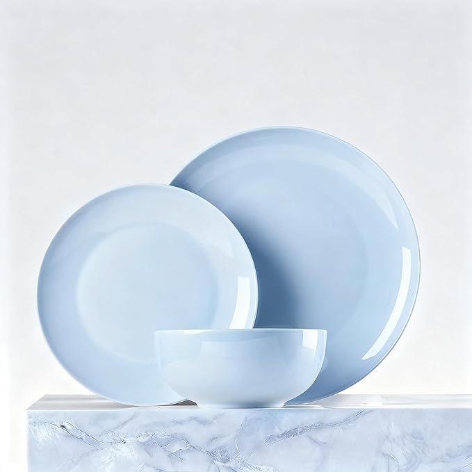 KINGSTONE 18-Piece Bone China Dinnerware Set for 6, Lightweight Porcelain Round Plates and Bowls Set, Durable Scratch Resistant Ceramic Dinner Set, Microwave & Dishwasher Safe, Misty Blue