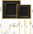 Festiva 350Pcs Black and Gold Plastic Plates-50Guests Disposable Square Black Dinnerware Set include 100 Plastic Plates,50Cups,150Plastic Cutlery,50Napkins for Party &Wedding&New Year