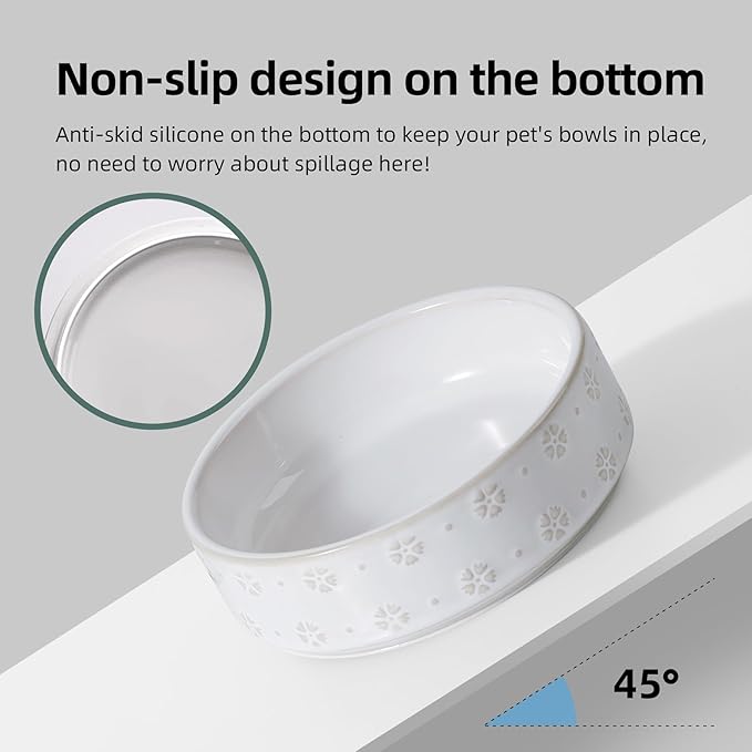 Havniva 6.1inch Ceramic Raised Double Bowls Set with Acacia Wood Stand, 2 Heights Elevated, Food & Water Bowls for Toy Breed Dogs, Kitty, Cats, Pet Bowl(13.5OZ, Arctic White)