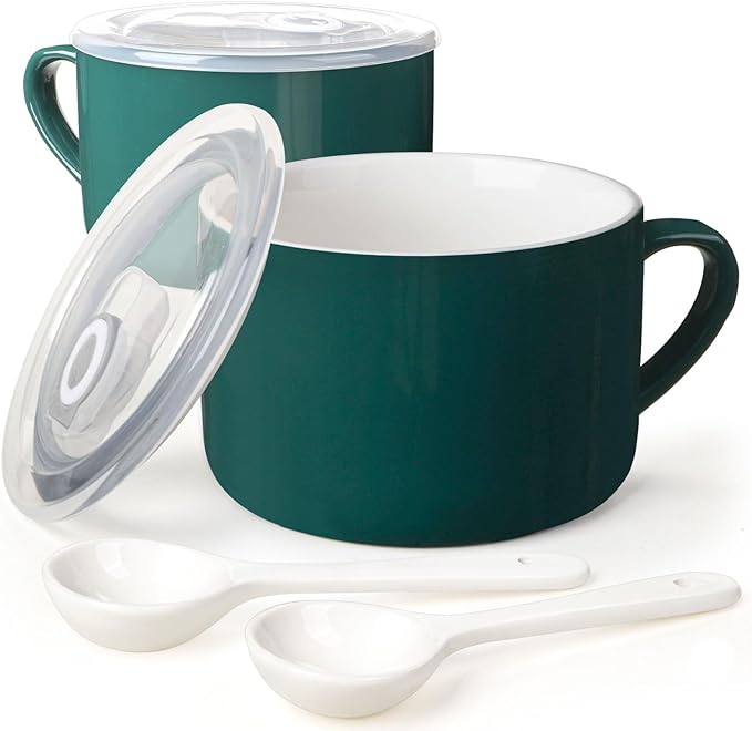 Soup Bowls with Handles & Spoons, 30oz Ceramic Ramen Bowl with Lid, Large Soup Mugs/Cups for Instant Noodle, Big Cereal Bowls for Oatmeal, Soup Containers with Lids, Set of 2, Dark Green