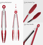 Heat Resistant Silicone Kitchen Tong: U-Taste 9 inch 480ºF Hot Proof Cooking Tong with Firm Sealed Non Stick Rubber Tips & Silicon Coated Steel Handle & Smooth Locking for Serving Grill Salad (Red)